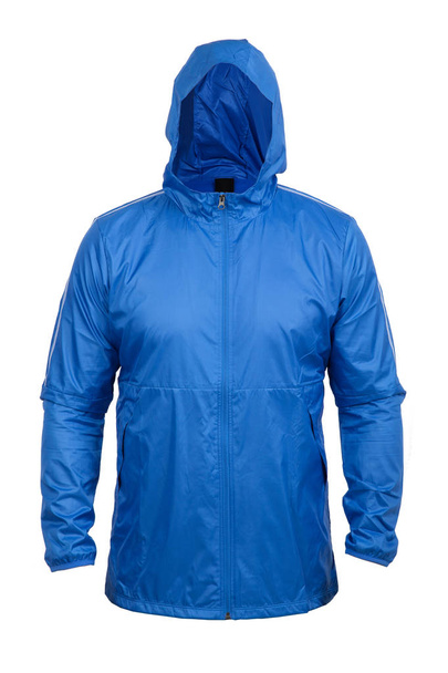 chaqueta deportiva azul cortavientos con capucha, aislada en blanco
 - Foto, imagen