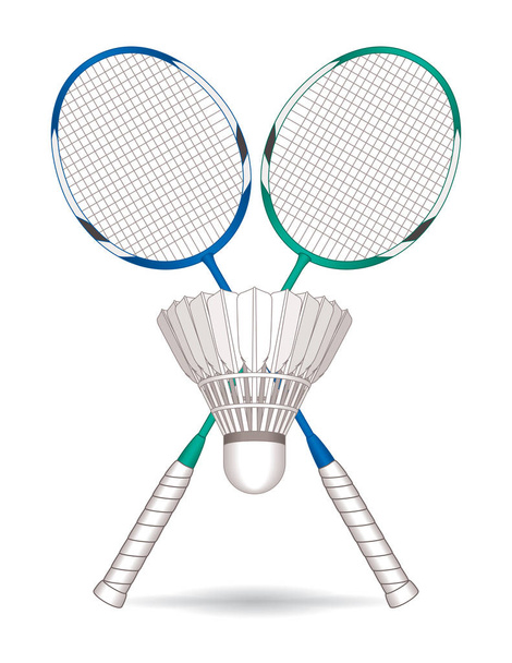 badminton racquets blue and green, crossed with feathered shuttlecock in middle - Vector, Image