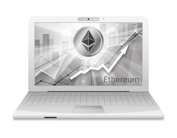 laptop met ethereum cryptocurrency pictogram in de heldere stralen op achtergrond met statistieken grafieken tonen verschillende visualisatie op scherm - Vector, afbeelding