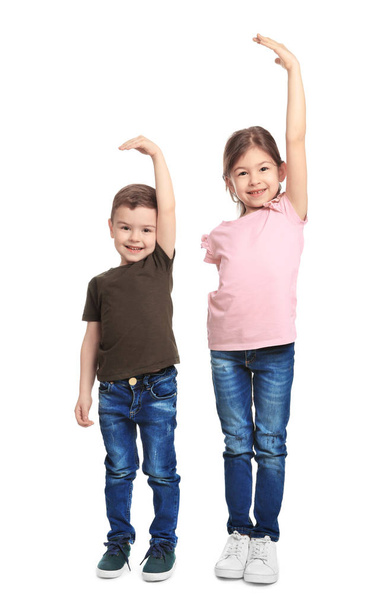 Little children measuring their height on white background - Foto, Imagen