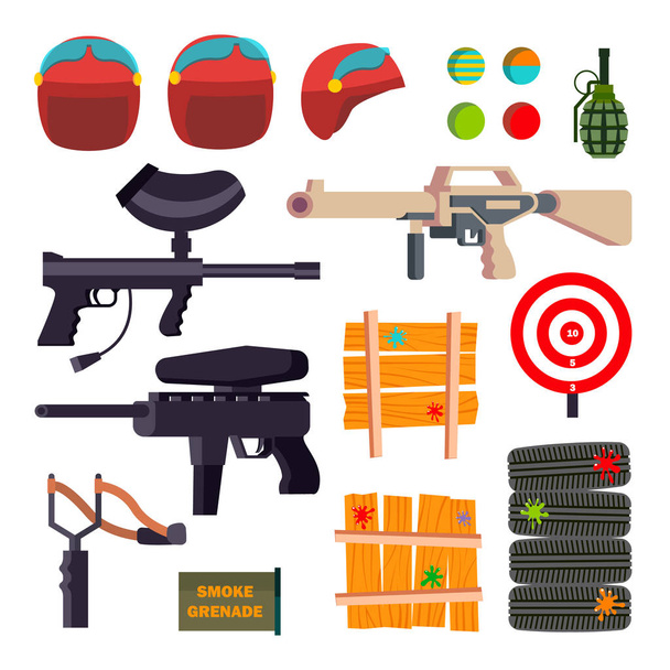 Paintball simgeler vektör ayarlayın. Paintball oyunu aksesuarları. Silah, tabanca, kask, el bombası, koruma, boya. Düz çizgi film illüstrasyon izole - Vektör, Görsel