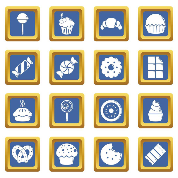 Sweets candy cakes icons set blue square vector - Вектор,изображение