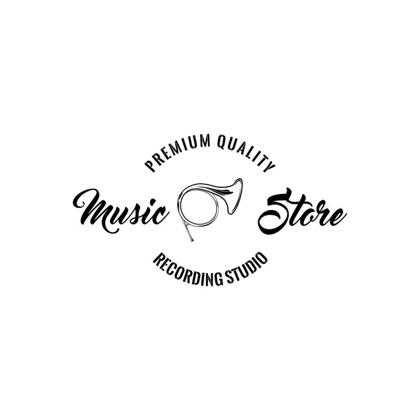 Kürt trombita ikonra. Music store logo címke. Music shop jelkép. Prémium minőségű betűkkel. Vektor. - Vektor, kép