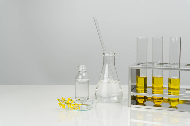 flor con líquido amarillo en tubos de ensayo y cristalería de laboratorio
 - Foto, imagen