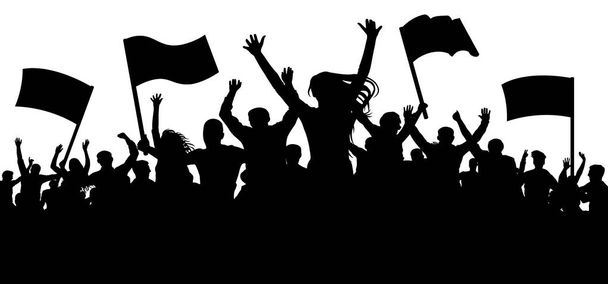 Multitud de personas con banderas, pancartas. Alegre aplauso. Deportes, mafia, fans. Manifestación, manifestación, protesta, huelga, revolución, motín, propaganda. Silueta vector de fondo
 - Vector, Imagen