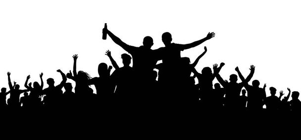 Crowd of people, friends at a party silhouette. Concert, festival, music. Cheer crowd people. Audience cheering applause. Cheerful sports fan. Mob soccer banner. Man with a bottle of beer, alcohol - Vector, Image