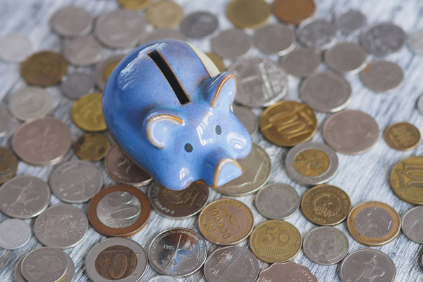 Different collector coins and piggy bank on the wooden background - Foto, Bild