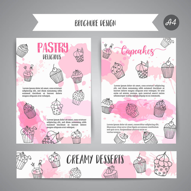 Cupcake brochure with handdrawn cupcakes and pink splashes. Delicious pastry slogan. Bakery banner confectionery Vector - Vektor, obrázek