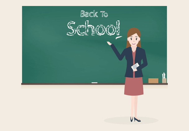 Female teacher and Back to school text chalkboard background - Vector, Image