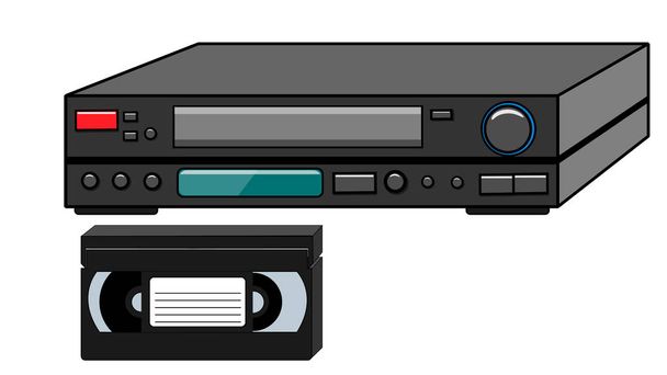 Черный старый винтажный ретро-хипстерский антикварный видеомагнитофон и видеокассеты для просмотра фильмов, видео 80-х, 90-х годов на белом фоне. Векторная иллюстрация
. - Вектор,изображение