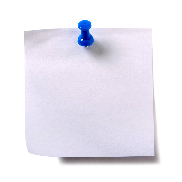 Plain white sticky post note with blue pushpin isolated  - Photo, Image