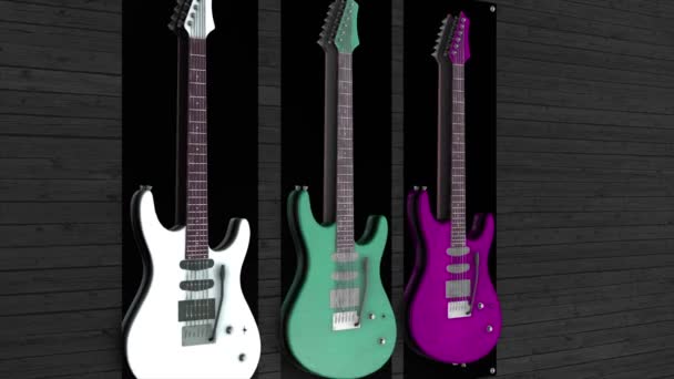 Animação de três guitarras penduradas na parede. Três guitarras eletrônicas
 - Filmagem, Vídeo
