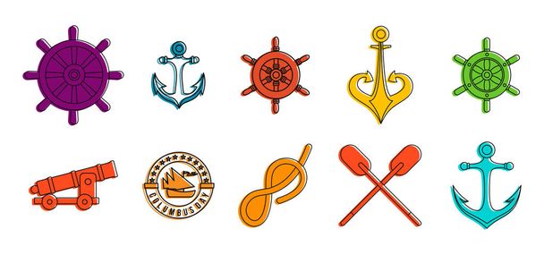 Набор иконок морского элемента, стиль контура цвета
 - Вектор,изображение