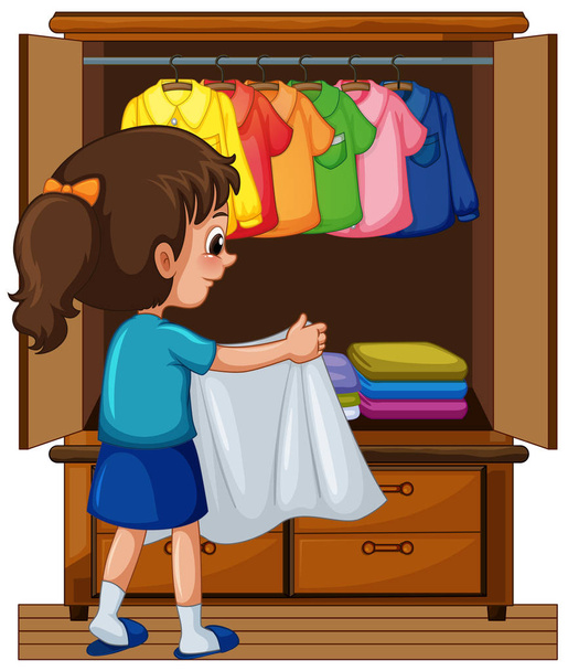 Girl putting away clothes in closet - Vector, Image