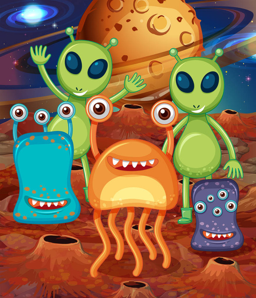 Alien mit Freunden auf dem Mars - Vektor, Bild