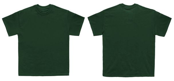 leeres T-Shirt Farbe Waldgrün Vorlage Vorder- und Rückansicht auf weißem Hintergrund - Foto, Bild