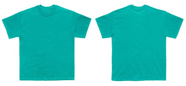 Lege T Shirt kleur jade koepel sjabloon voor- en achteraanzicht op witte achtergrond - Foto, afbeelding