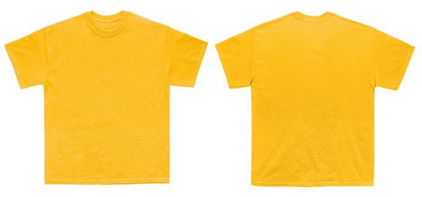 Κενό T Shirt χρώμα χρυσό πρότυπο εμπρός και πίσω όψη σε λευκό φόντο - Φωτογραφία, εικόνα