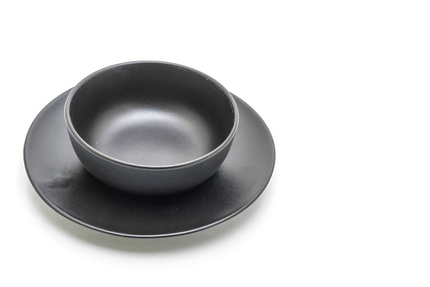 black plate and bowl isolated on white background - Foto, afbeelding