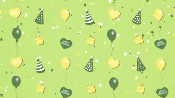 Streszczenie tło urodziny z balonów, czapeczek i serca - Materiał filmowy, wideo