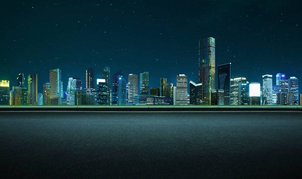 Вид на асфальтированную дорогу в ночное время вблизи современного города
. - Фото, изображение