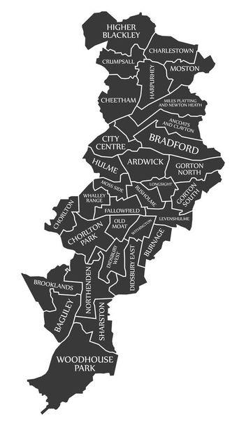 Manchester kaupungin kartta Englanti Iso-Britannia merkitty musta kuva
 - Vektori, kuva
