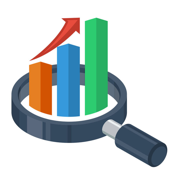 ビジネス マーケティング、セールス、コンサルティング ビジネスのロゴのアイコン。虫眼鏡、棒グラフ、および矢印のグラフの増加を示す. - ベクター画像