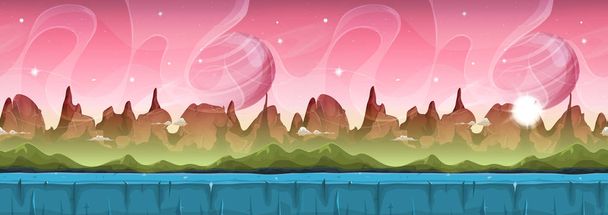 Ilustração de um desenho animado sem costura engraçado ficção científica planeta alienígena paisagem fundo, com camadas para a paralaxe, incluindo montanhas estranhas gama, estrelas e planetas para o jogo ui
 - Vetor, Imagem