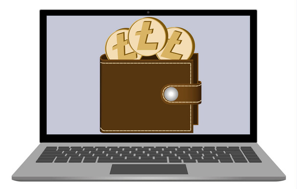 wallet with litecoin coins on a laptop screen - Wektor, obraz