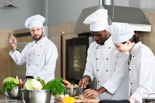 Mnohonárodnostní kuchaři tým sdílet zkušenosti při vaření v moderní kuchyni - Fotografie, Obrázek