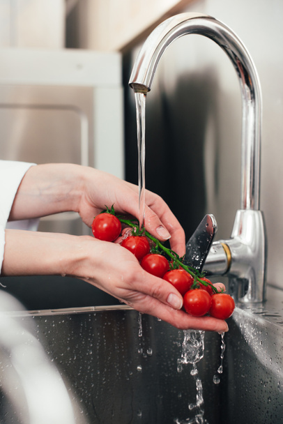 Close-up view view of female chef washing tomatoes - 写真・画像
