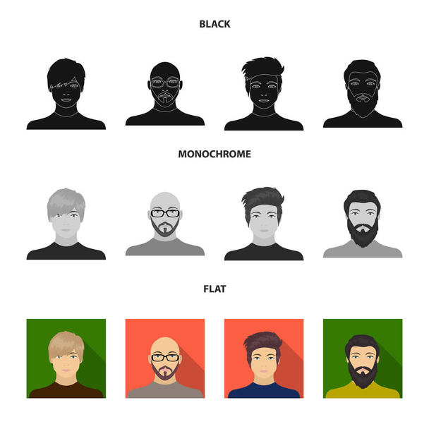 眼鏡とひげ、髭の男、髪型の男の出現でハゲ男の顔。顔と外観コレクション アイコン スタイルで設定、平らな黒、白黒ベクター シンボル素材 - ベクター画像