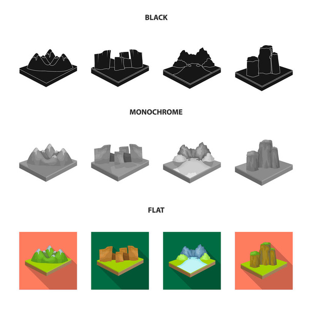 Mountains, rocks and landscape. Relief and mountains set collection icons in black, flat, monochrome style isometric vector symbol stock illustration web. - Vector, imagen