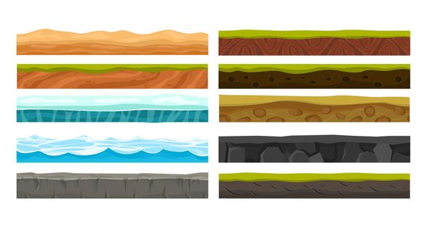 Vector illustration set of grounds for Ui Game. Collection of various land foreground area, rocks, water, ice and underground patterns on white background in flat style. - Вектор,изображение