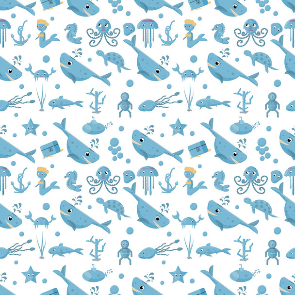 seamless pattern flat illustration on the theme of marine life,  - Vektori, kuva