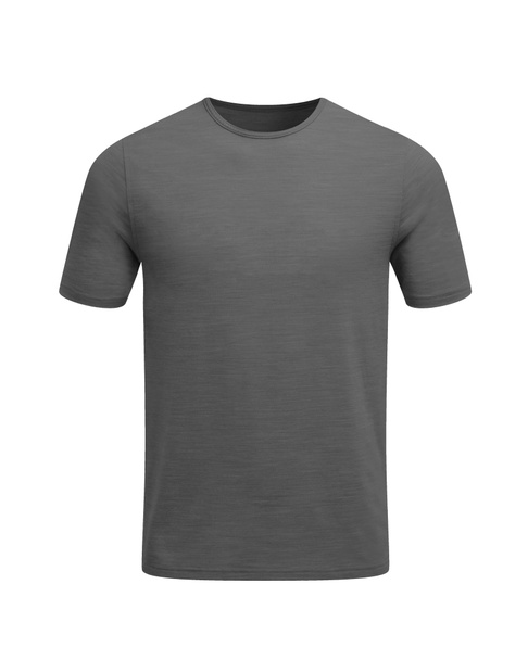 Camiseta gris de manga corta de algodón aislada sobre un fondo blanco. Elegante camisa de cuello redondo
 - Foto, Imagen