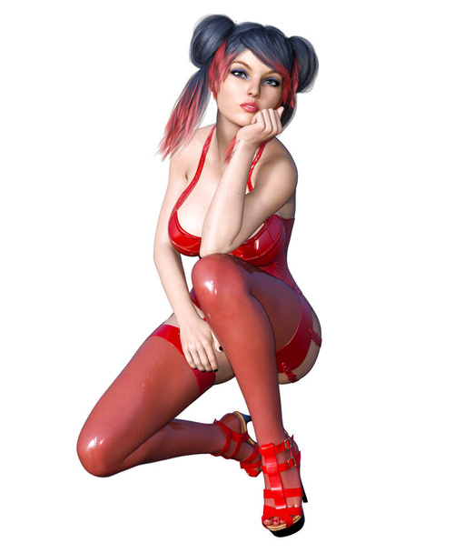 3D Beautiful sexy brunette girl red latex corset stockings.Minimalist extravagant clothes future.Woman studio photography.High heel.Conceptual fashion art.Seductive candid pose.Render illustration - Photo, image