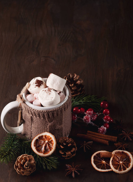 Hot chocolate drink with marshmallows for cold weather. Christmas and new year celebration concept with copy space - Photo, Image