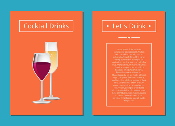 Lets Drink Cocktails with Glass of Wine Champagne - Vector, Image