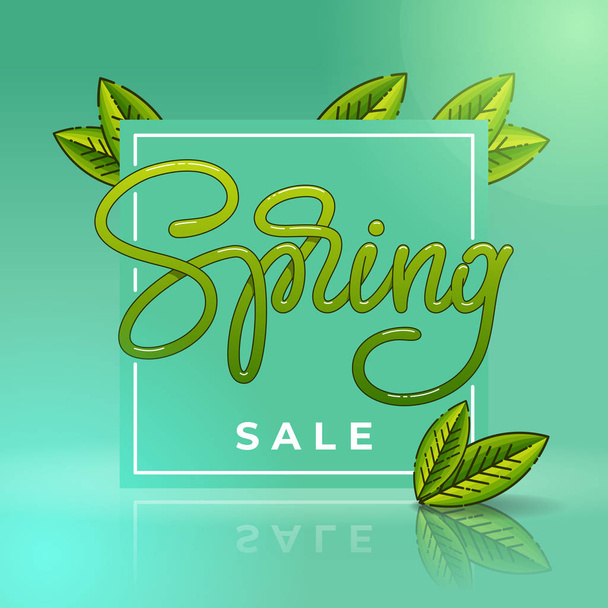 Spring Sale Banner with square frame and leaves. Template for banner, card, flyer, poster. Handmade typography. Vector illustration. - Vector, Image