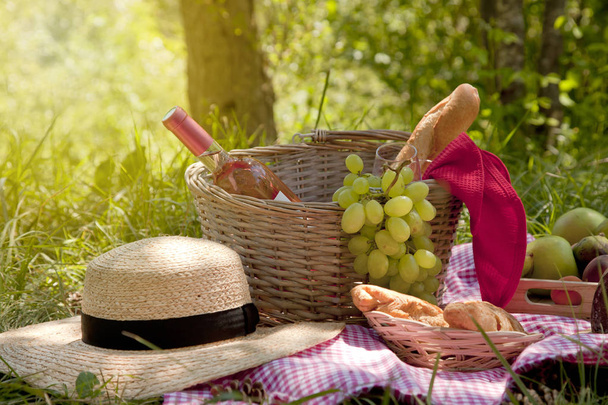 Pique-nique dans le parc sur l'herbe : nappe, panier, nourriture saine, vin rose et accessoires
 - Photo, image