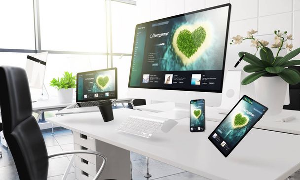 3d rendering mockup of computers, mobile devices and assorted office supplies floating  in mid-air at office showing honeymoon travel - Foto, imagen