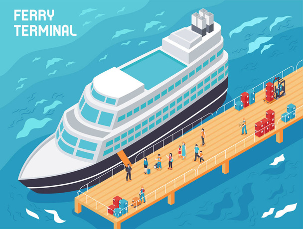 Ferry Terminal Isometric Illustration - Vector, Image