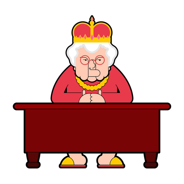 Reina para el lugar de trabajo Escritorio. Jefe anciana en corona se sienta en tabl
 - Vector, Imagen