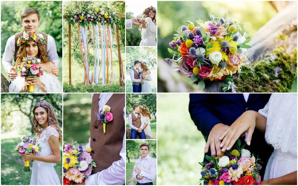 collage de boda - hermoso matrimonio al aire libre, montaje del día de la boda
 - Foto, Imagen