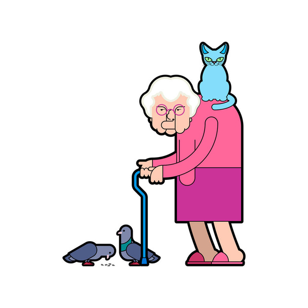 Babička krmí holuby. Babička a kočka. Dobrá stará dáma a do - Vektor, obrázek