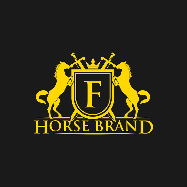 初期の手紙 F ロゴ。馬のブランドのロゴのデザインのベクトル。馬と盾を持ったレトロな黄金紋。紋章のロゴのテンプレートです。高級デザイン コンセプト。ロゴ、アイコン、エンブレムやバナーとして使用できます。. - ベクター画像
