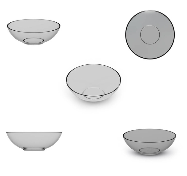 Colección de objetos de vidrio. Set de tazones de arroz vacíos de vidrio, aislados sobre fondo blanco. Ilustración 3D
. - Foto, imagen
