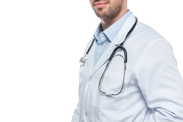 cropped image of young male doctor with stethoscope isolated on white background - Fotoğraf, Görsel