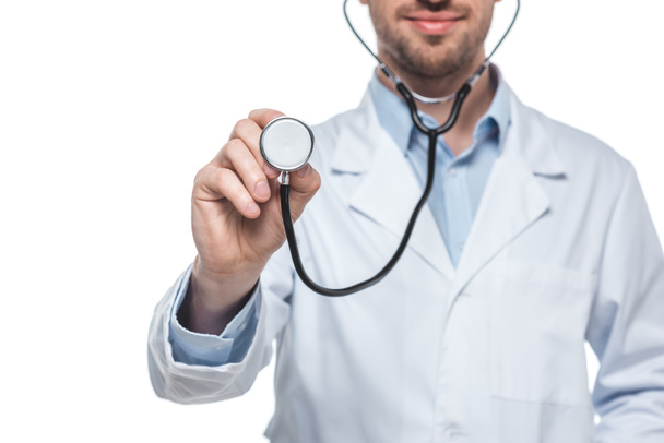 cropped shot of male doctor with stethoscope isolated on white background - Photo, Image